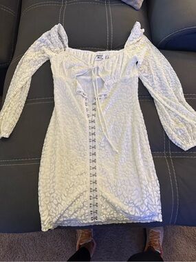 Princess Polly White Textured Lace-Up Off-Shoulder Mini Dress
